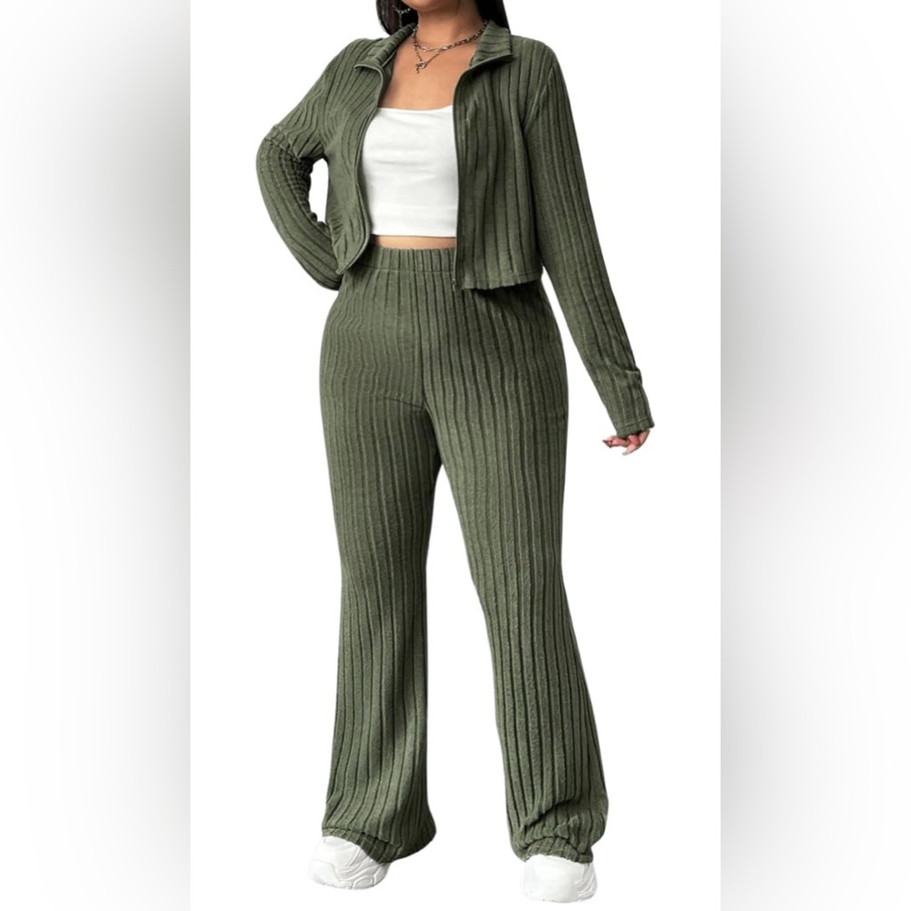 Plus Size 2 Piece Ribbed Knit Zip Up Long Sleeve Jacket and Long Pant Set